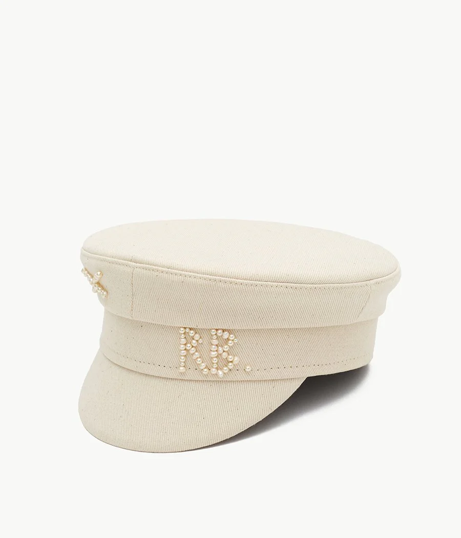 BAKER BOY CAP IN BEIGE WITH PEARL MONOGRAM